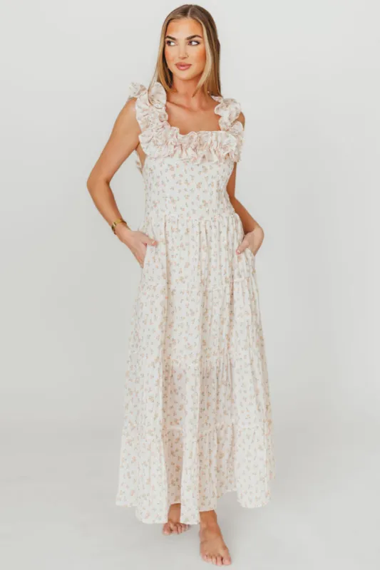 Margot Maxi Dress in Peach Floral sold by Worth Collective