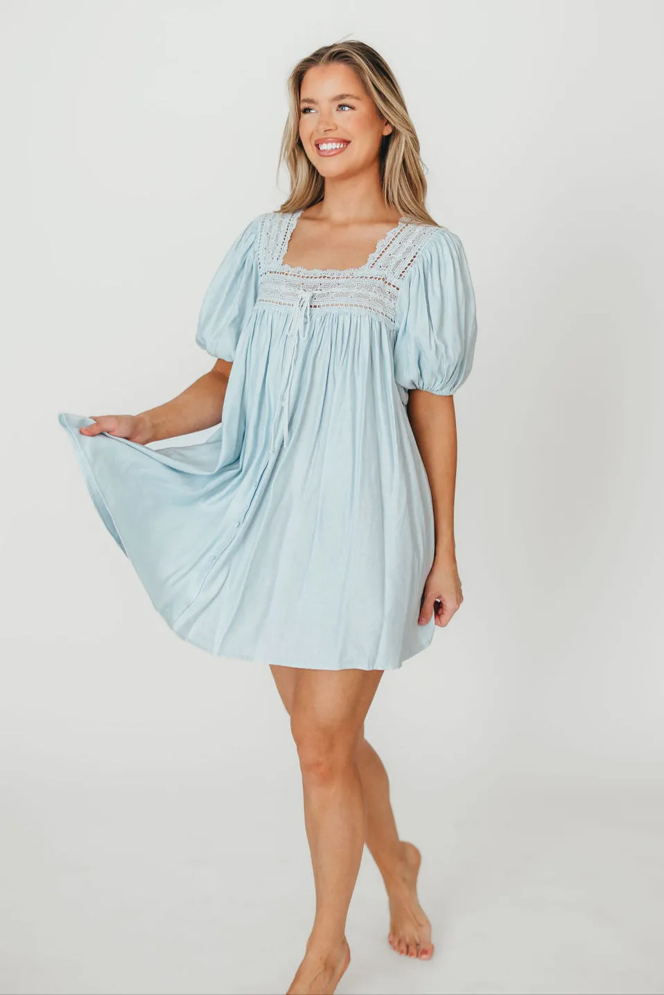 Dottie Lace Trim Linen-Blend Mini Dress in Light Blue sold by Worth Collective product image thumbnail 2
