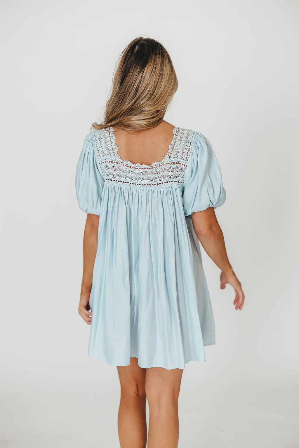 Dottie Lace Trim Linen-Blend Mini Dress in Light Blue sold by Worth Collective product image thumbnail 4