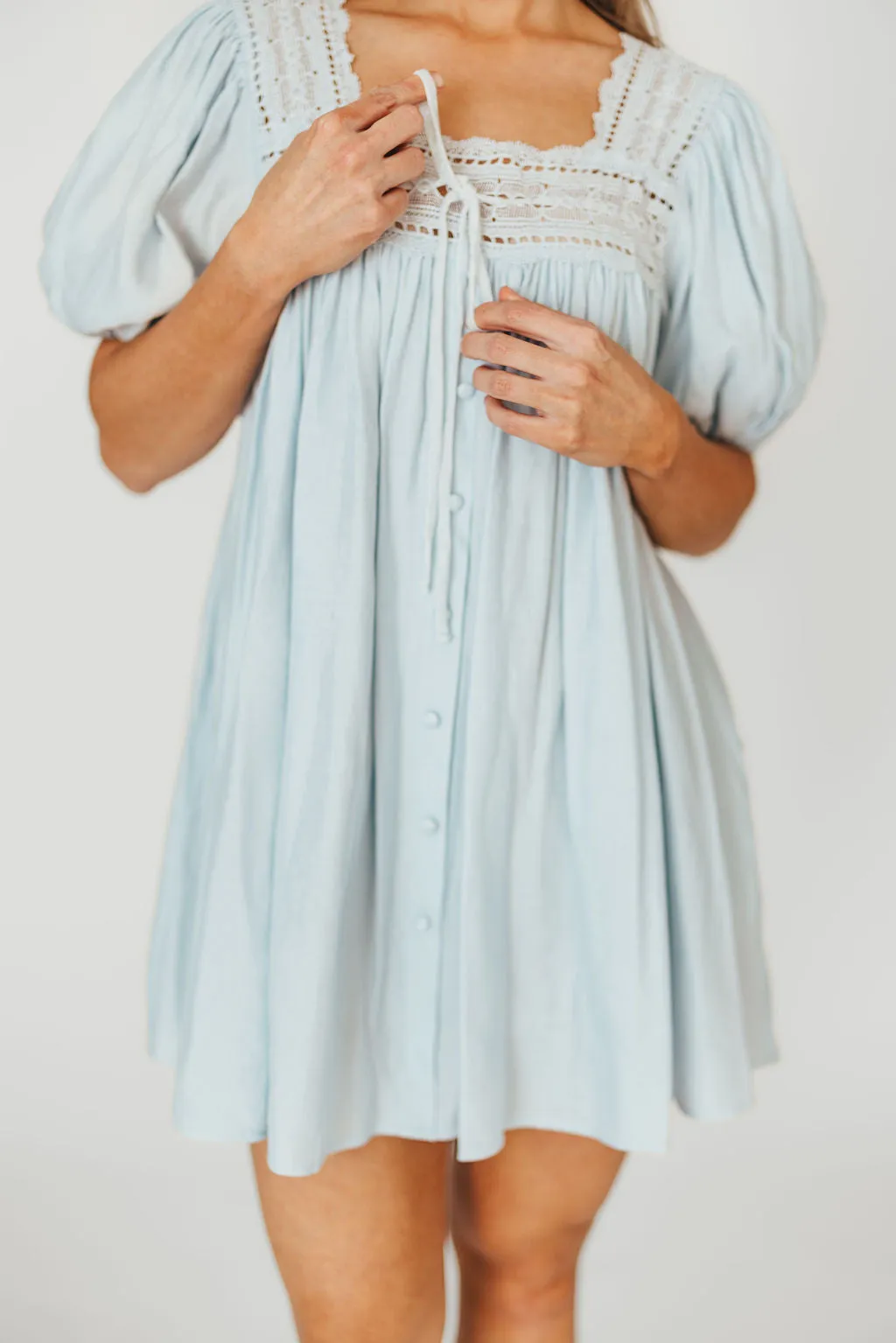 Dottie Lace Trim Linen-Blend Mini Dress in Light Blue sold by Worth Collective product image thumbnail 5