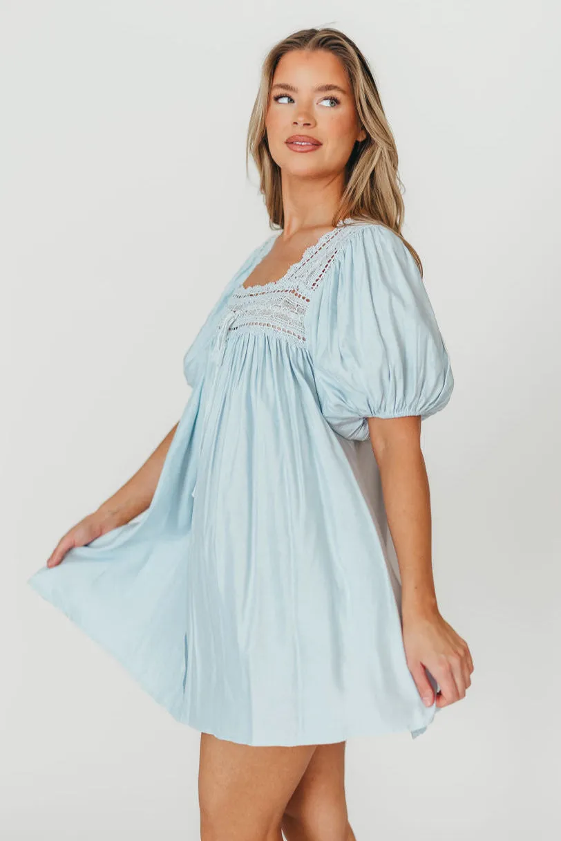 Dottie Lace Trim Linen-Blend Mini Dress in Light Blue sold by Worth Collective product image thumbnail 3