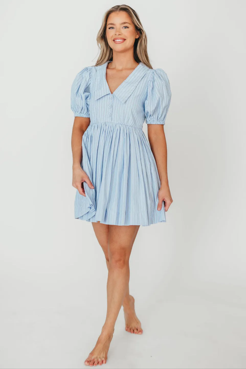 Camilla Pinstripe Collared V-Neck Mini Dress in Blue sold by Worth Collective product image thumbnail 2