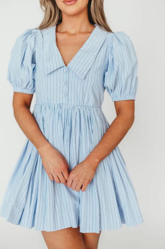 Camilla Pinstripe Collared V-Neck Mini Dress in Blue sold by Worth Collective