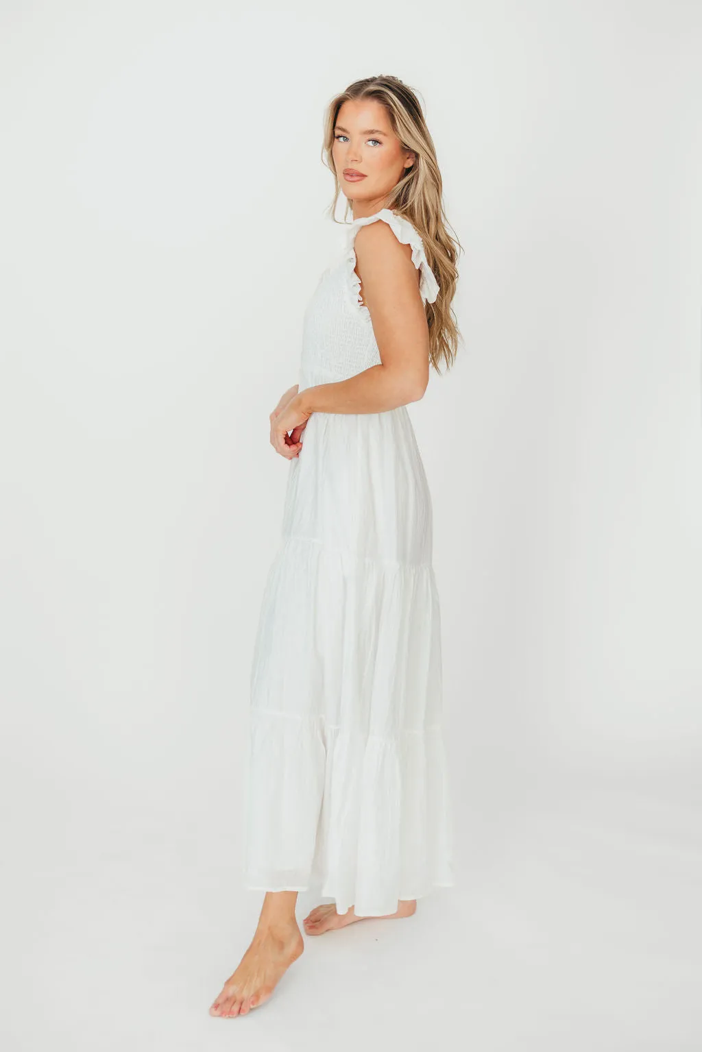 Lennon Smocked Flutter Sleeve Tiered Maxi Dress in Off-White sold by Worth Collective product image thumbnail 2