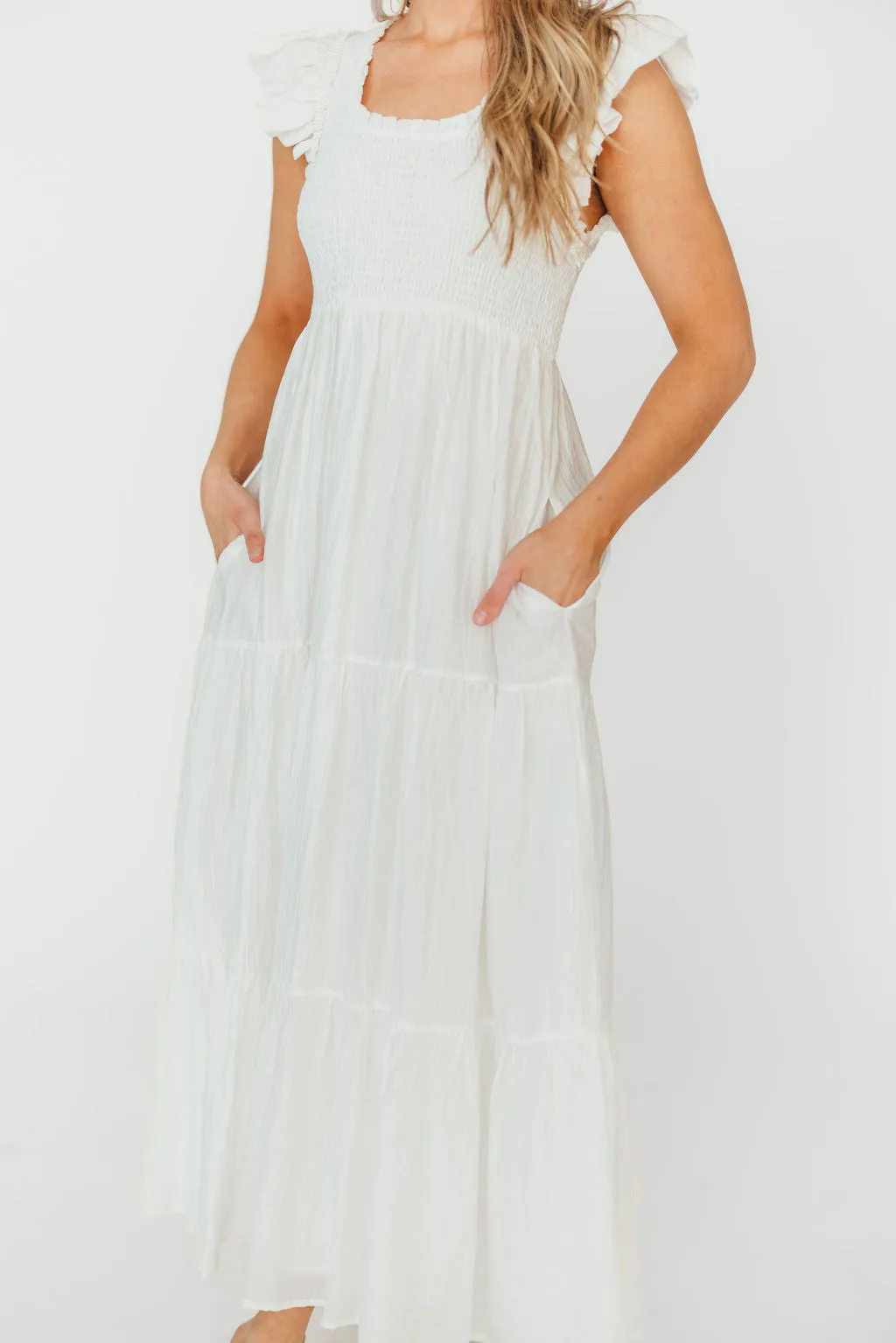 Lennon Smocked Flutter Sleeve Tiered Maxi Dress in Off-White sold by Worth Collective product image thumbnail 4