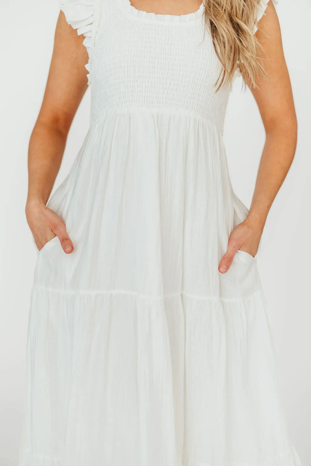 Lennon Smocked Flutter Sleeve Tiered Maxi Dress in Off-White sold by Worth Collective product image thumbnail 5