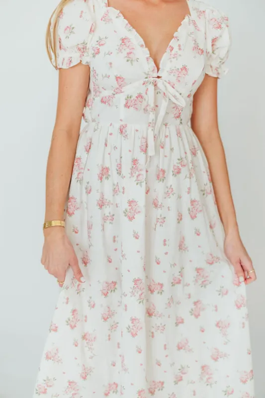 Sophia Midi Dress in White/Pink Floral sold by Worth Collective