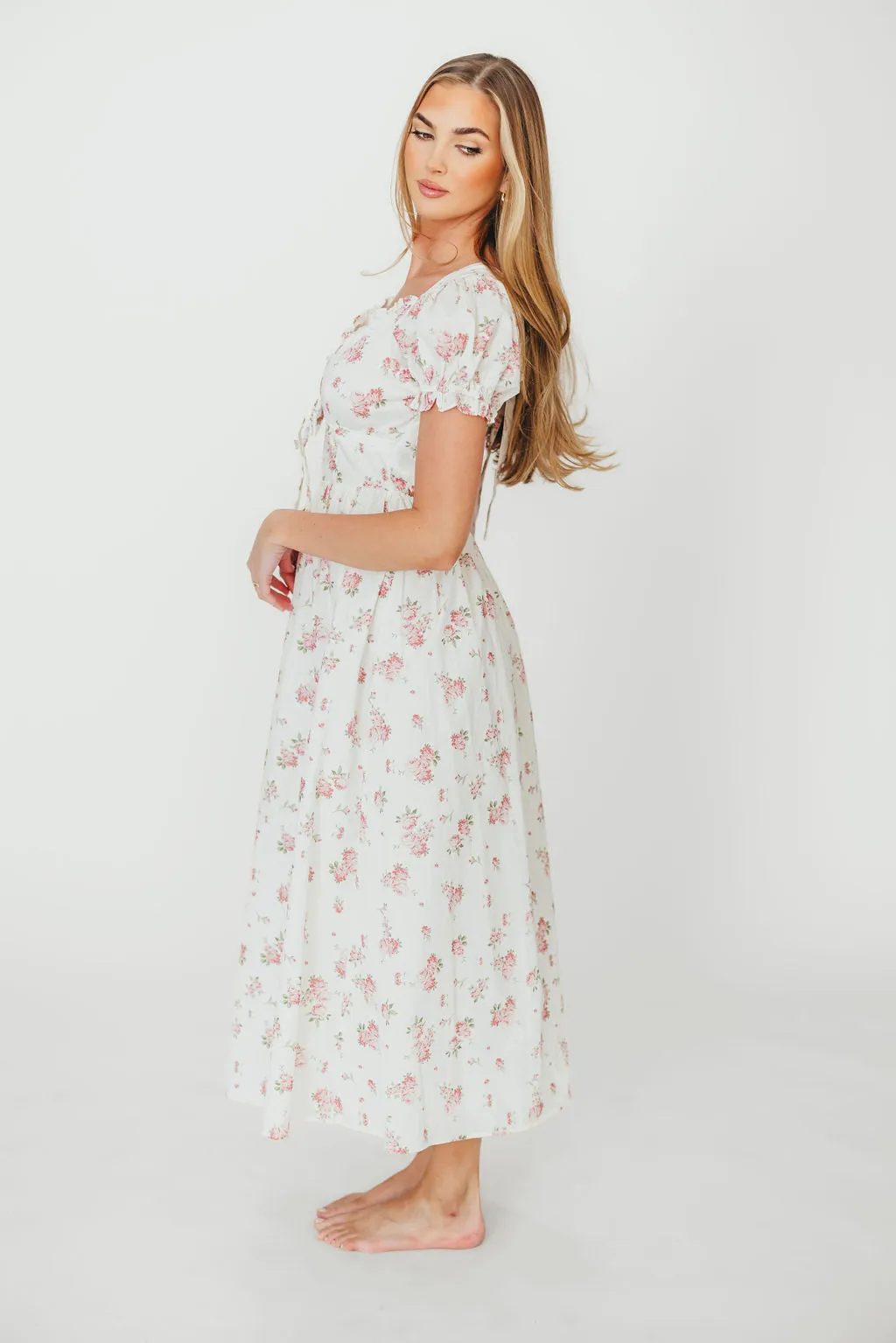 Sophia Midi Dress in White/Pink Floral sold by Worth Collective product image thumbnail 4