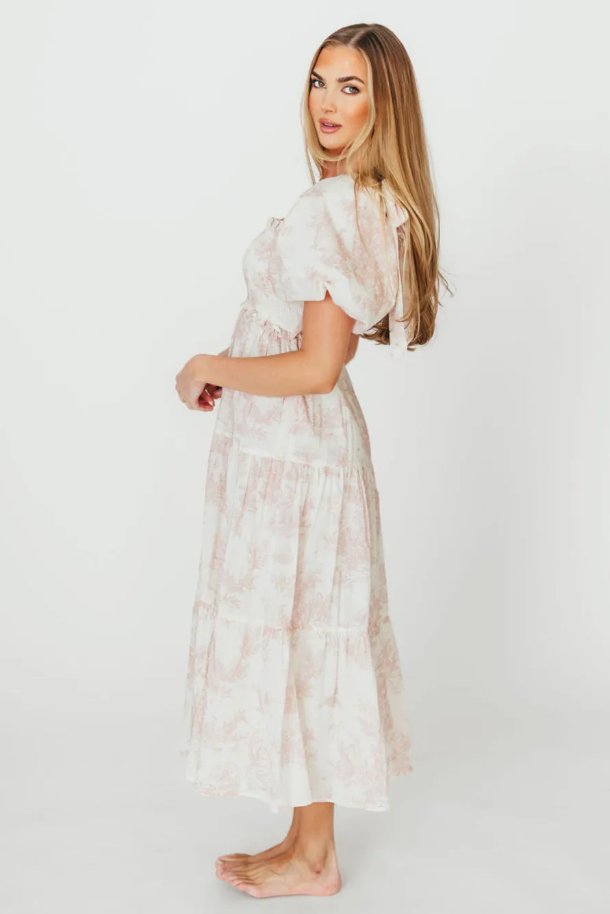 Elena 100% Cotton Toile Print Smocked Midi Dress in Pink - Bump Friendly sold by Worth Collective product image thumbnail 3