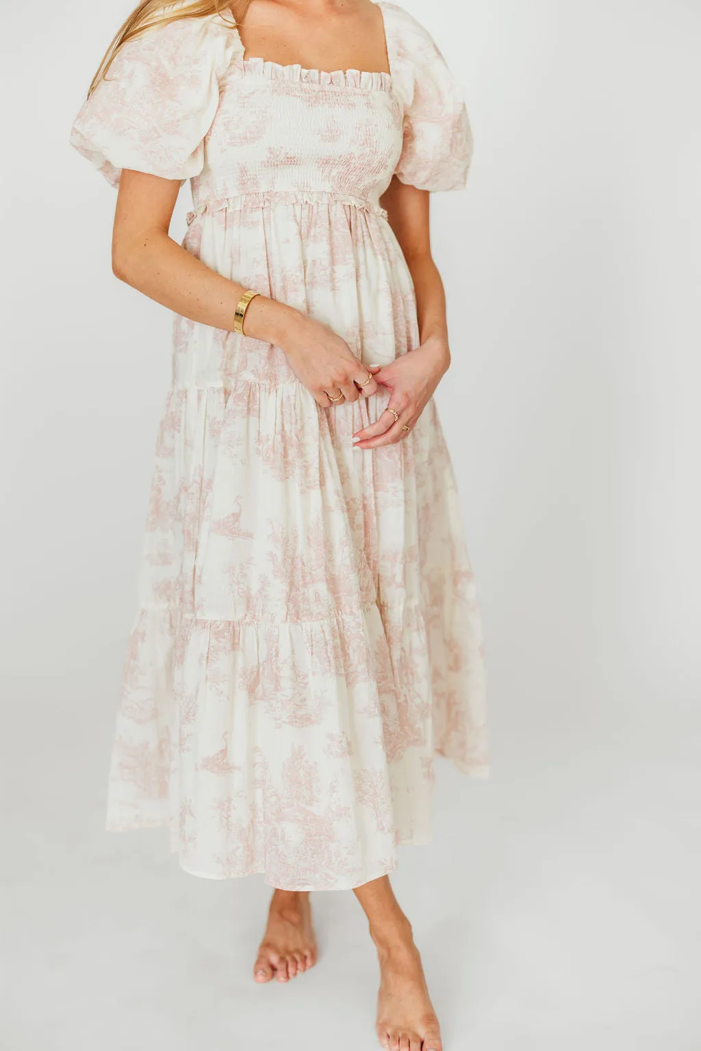 Elena 100% Cotton Toile Print Smocked Midi Dress in Pink - Bump Friendly sold by Worth Collective product image thumbnail 4