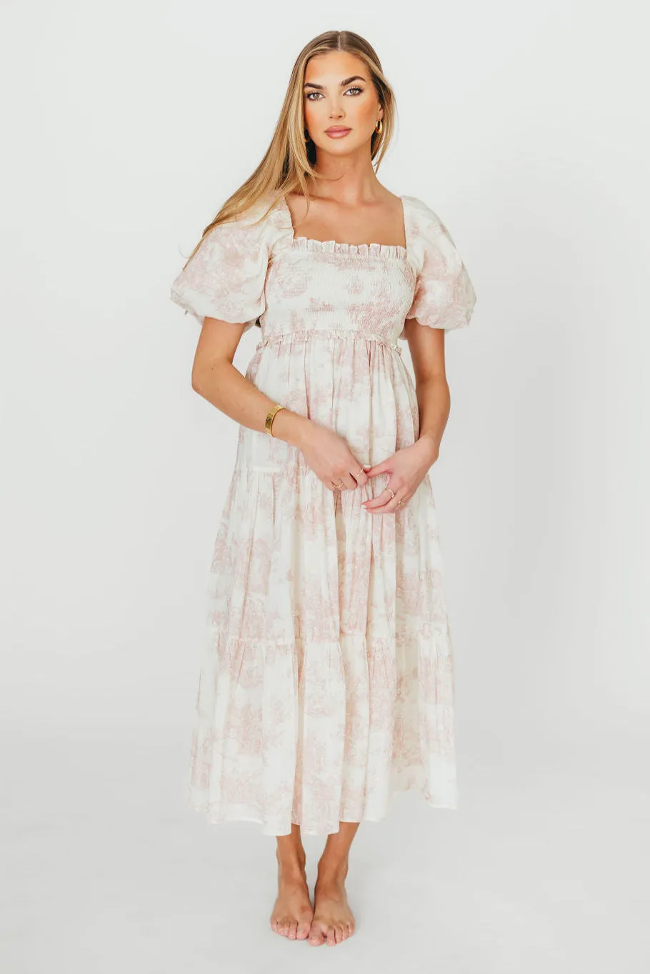 Elena 100% Cotton Toile Print Smocked Midi Dress in Pink - Bump Friendly sold by Worth Collective product image thumbnail 2