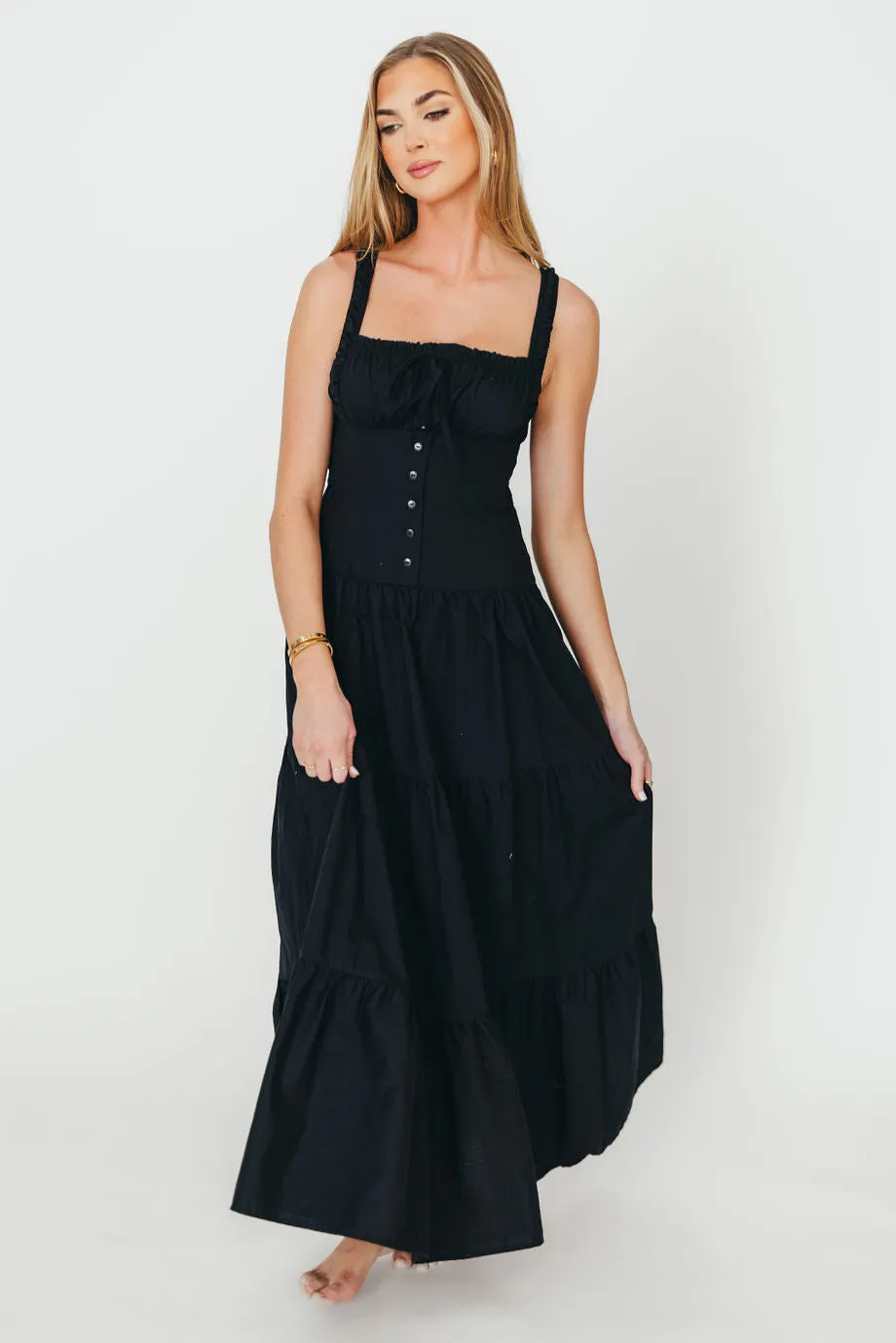 Sutton Corset Button Down Tiered Maxi Dress in Black *Final-Sale* sold by Worth Collective product image thumbnail 4