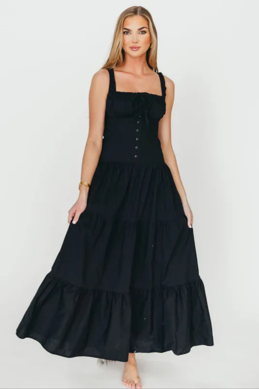 Sutton Corset Button Down Tiered Maxi Dress in Black *Final-Sale* sold by Worth Collective