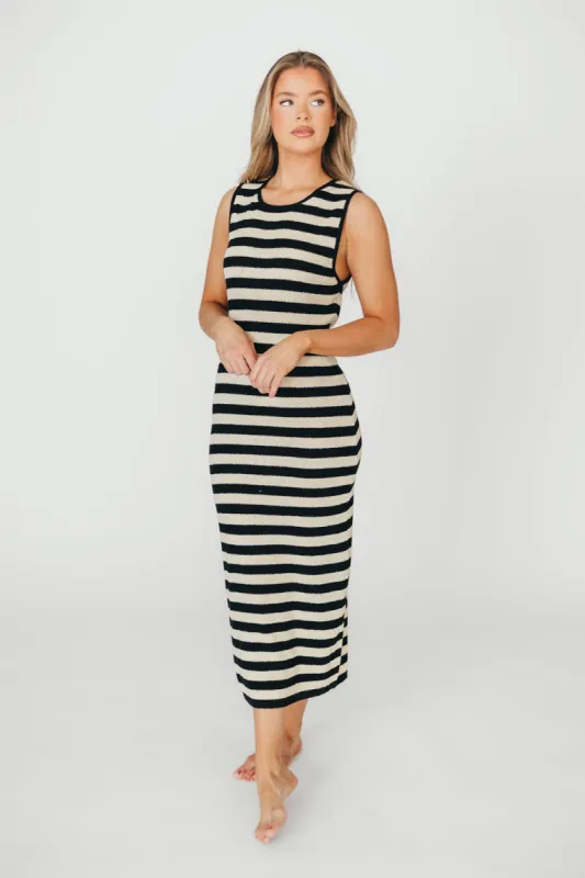Elsie Knit Midi Dress in Black/Natural Stripe sold by Worth Collective