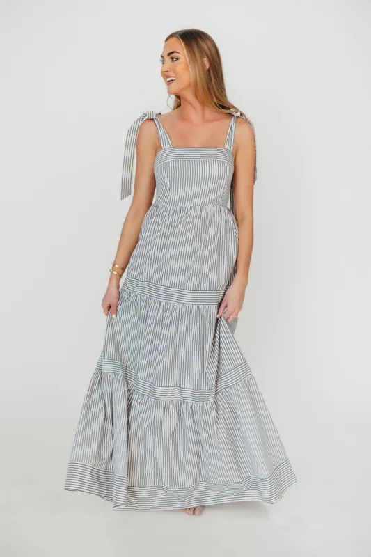 Emma Tie Strap Maxi Dress in Navy Blue Stripe sold by Worth Collective