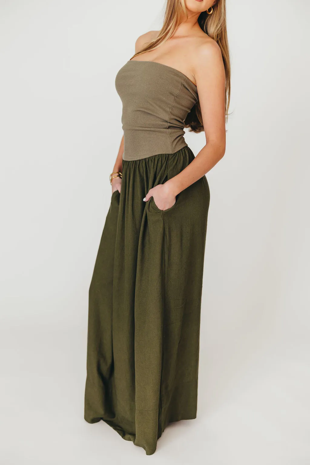 Kaylee Linen and Ribbed Knit Maxi Dress in Olive sold by Worth Collective product image thumbnail 3