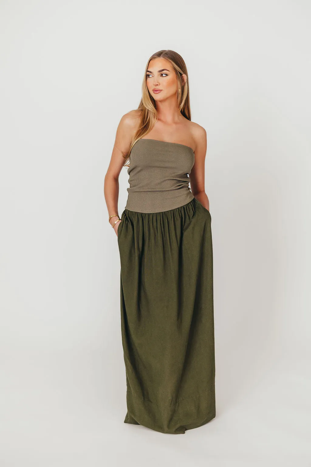 Kaylee Linen and Ribbed Knit Maxi Dress in Olive sold by Worth Collective product image thumbnail 2