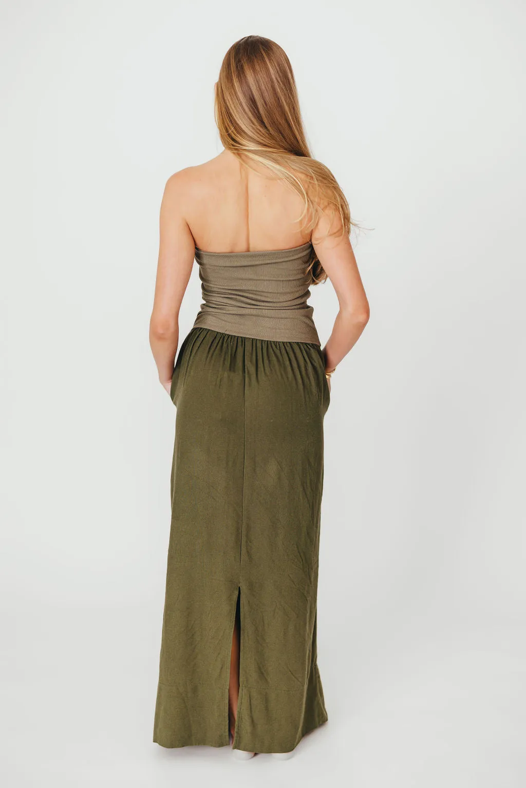 Kaylee Linen and Ribbed Knit Maxi Dress in Olive sold by Worth Collective product image thumbnail 5