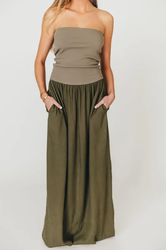 Kaylee Linen and Ribbed Knit Maxi Dress in Olive sold by Worth Collective