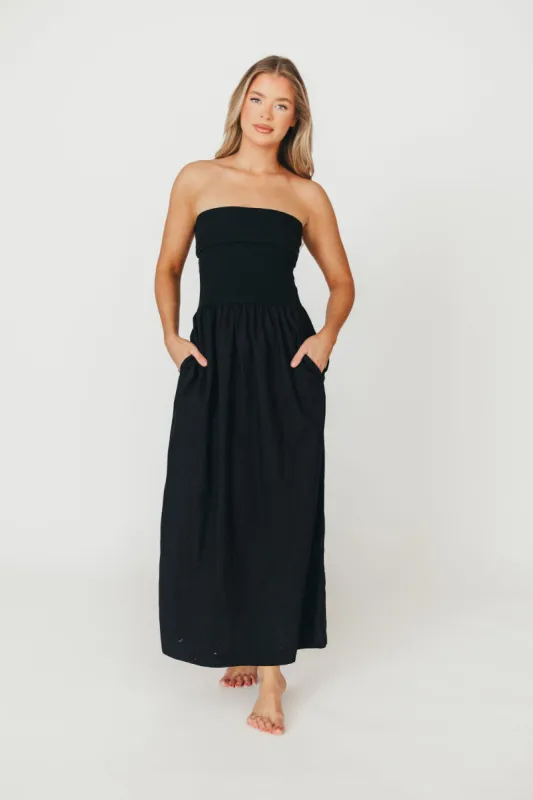 Kaylee Linen and Ribbed Knit Maxi Dress in Black sold by Worth Collective