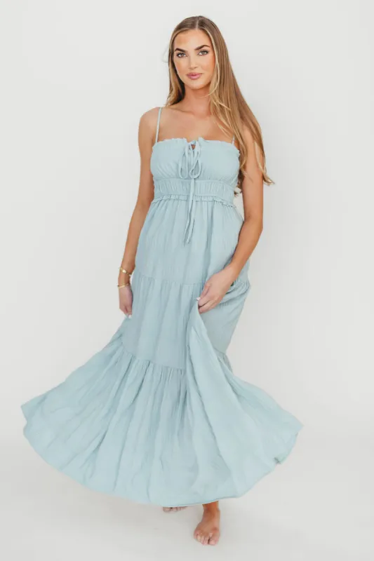 Elise Crinkle Maxi Dress in Blue sold by Worth Collective