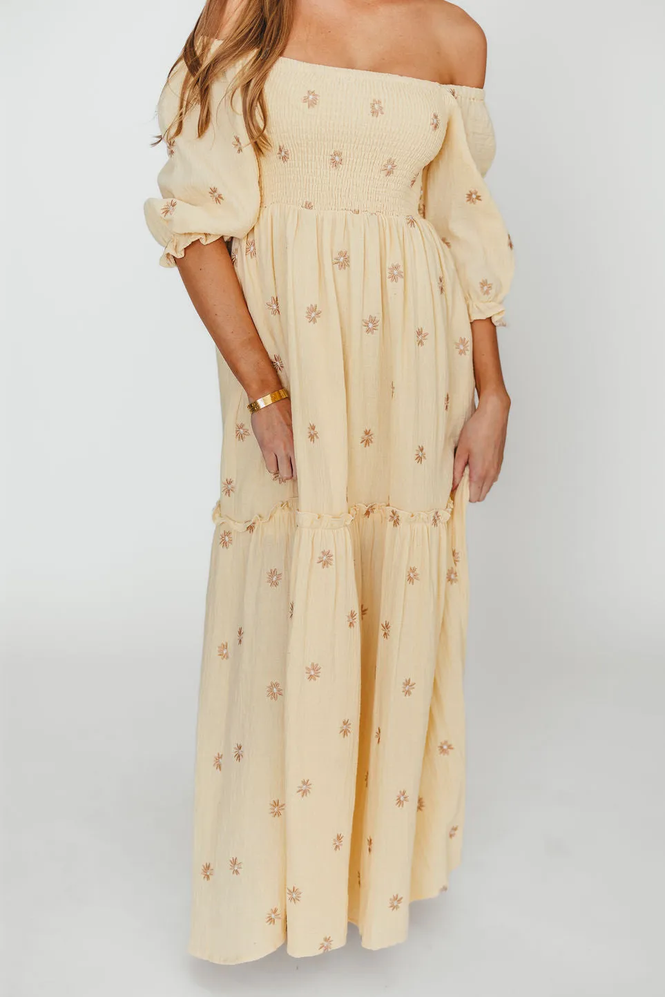 Nia Embroidered Floral Midi Dress in Beige sold by Worth Collective product image thumbnail 4