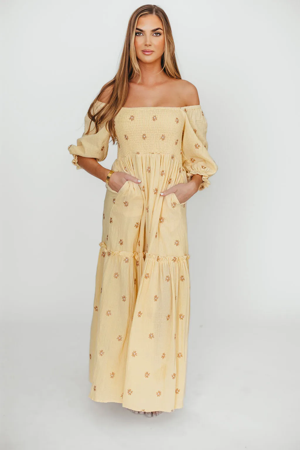 Nia Embroidered Floral Midi Dress in Beige sold by Worth Collective product image thumbnail 5