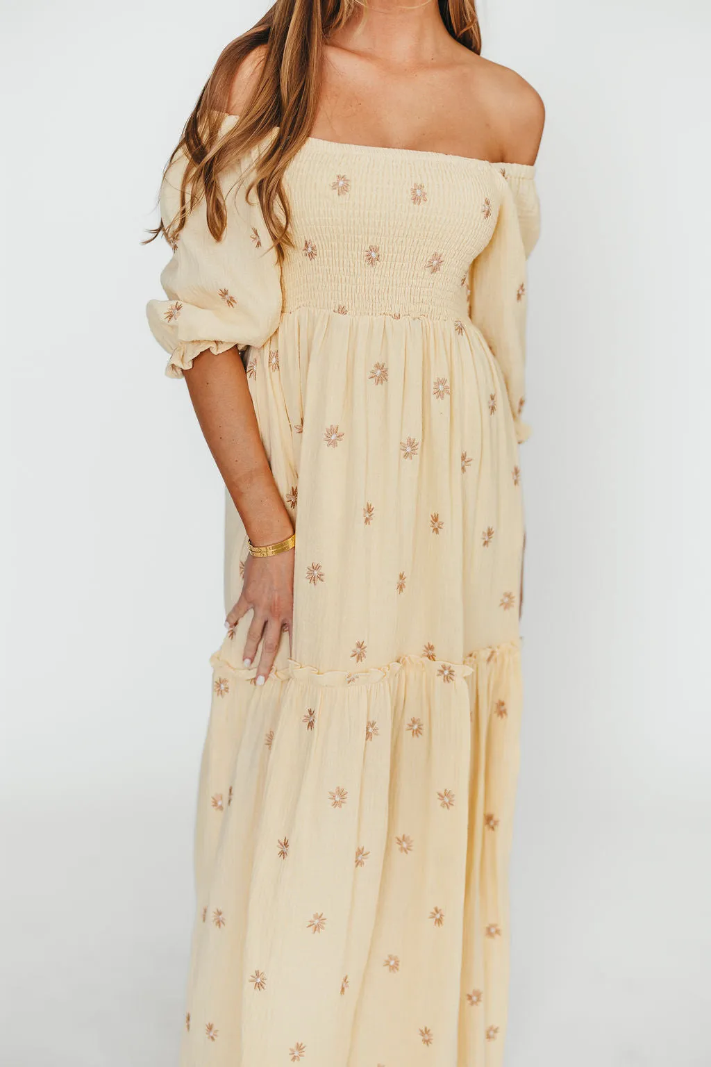 Nia Embroidered Floral Midi Dress in Beige sold by Worth Collective product image thumbnail 3