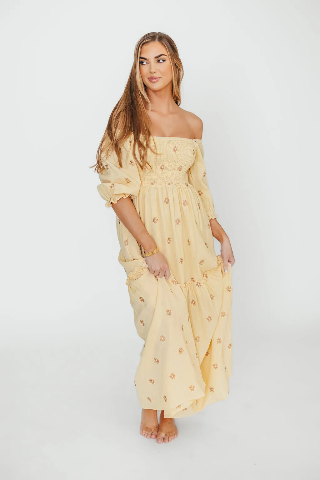 Nia Embroidered Floral Midi Dress in Beige sold by Worth Collective product image thumbnail 2