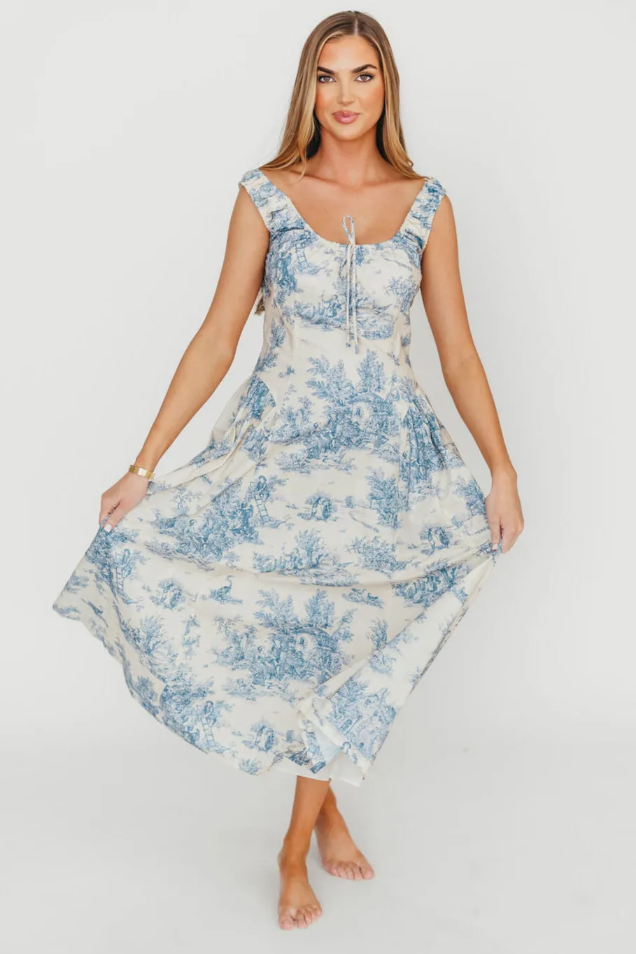 Skyla 100% Cotton Toile Midi Dress with Tie in Blue sold by Worth Collective product image thumbnail 2