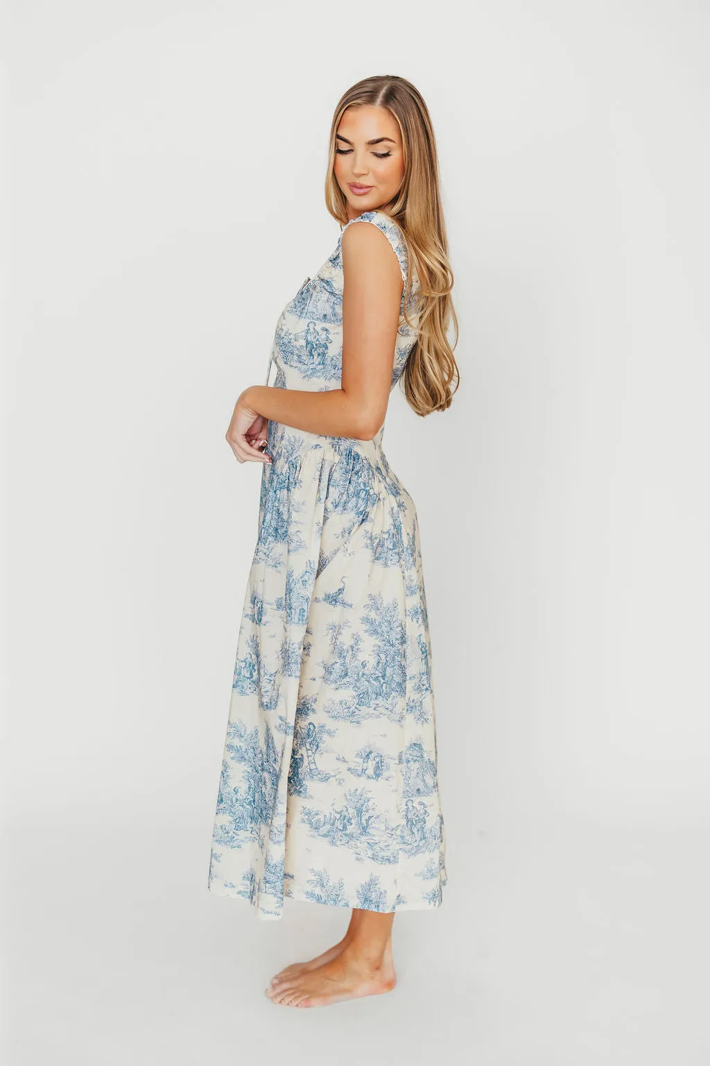 Skyla 100% Cotton Toile Midi Dress with Tie in Blue sold by Worth Collective product image thumbnail 3