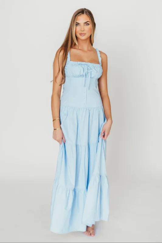 Sutton Corset Button Down Tiered Maxi Dress in Light Blue *Final-Sale* made by Moon River