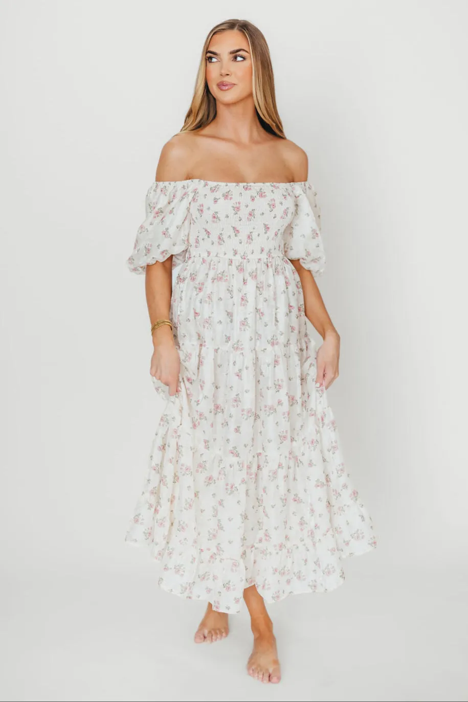 Mia Midi Dress in Ivory/Pink Floral sold by Worth Collective