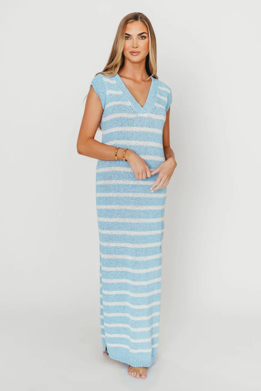 Maria Knit Maxi Dress in Blue/Off-White sold by Worth Collective