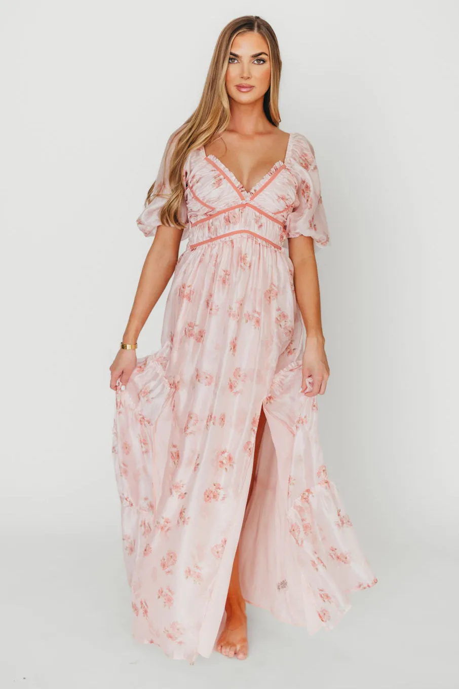 Sarah Maxi Dress in Pink Floral sold by Worth Collective