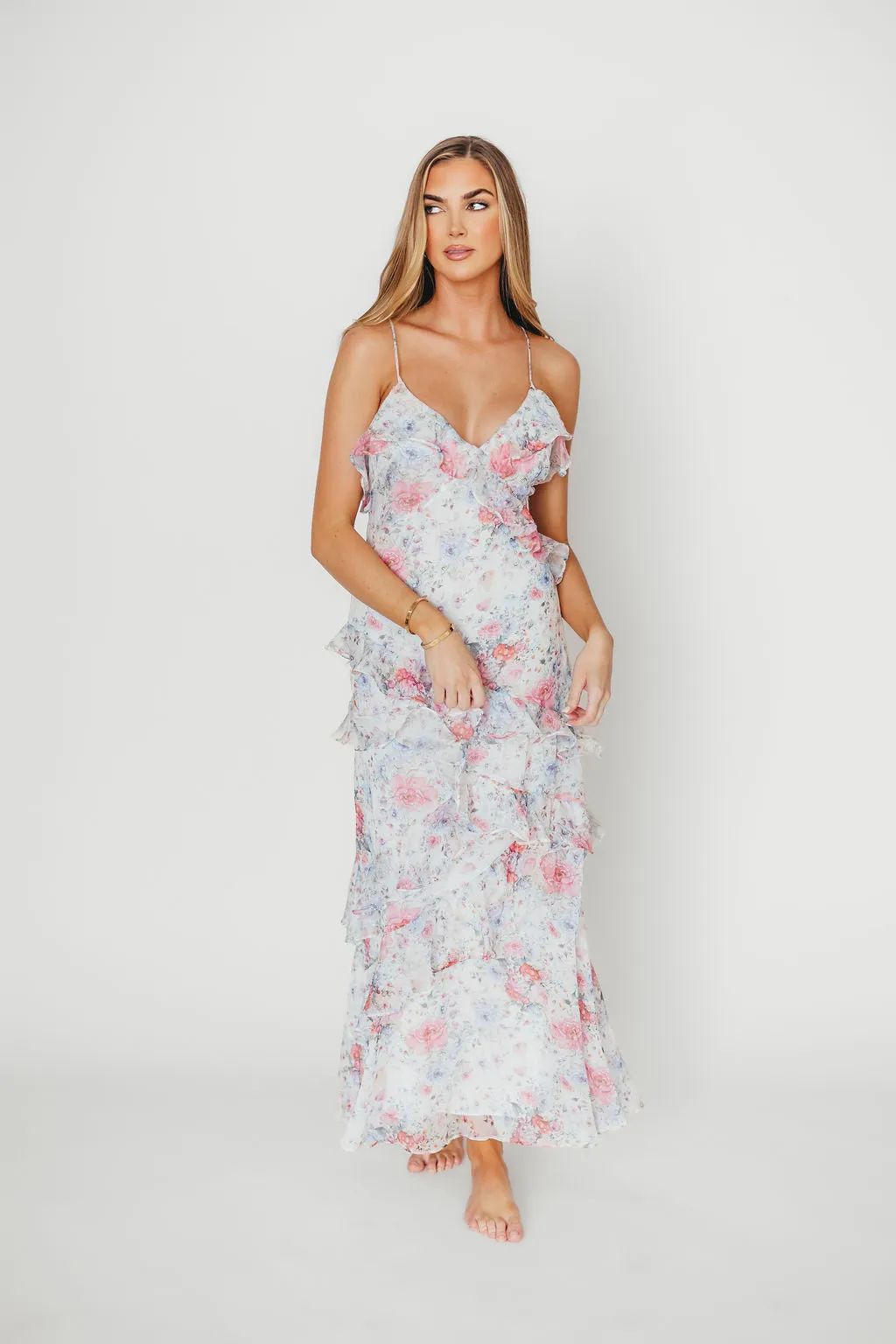Amelia Ruffle Maxi Dress in White/Multi Floral sold by Worth Collective product image thumbnail 5