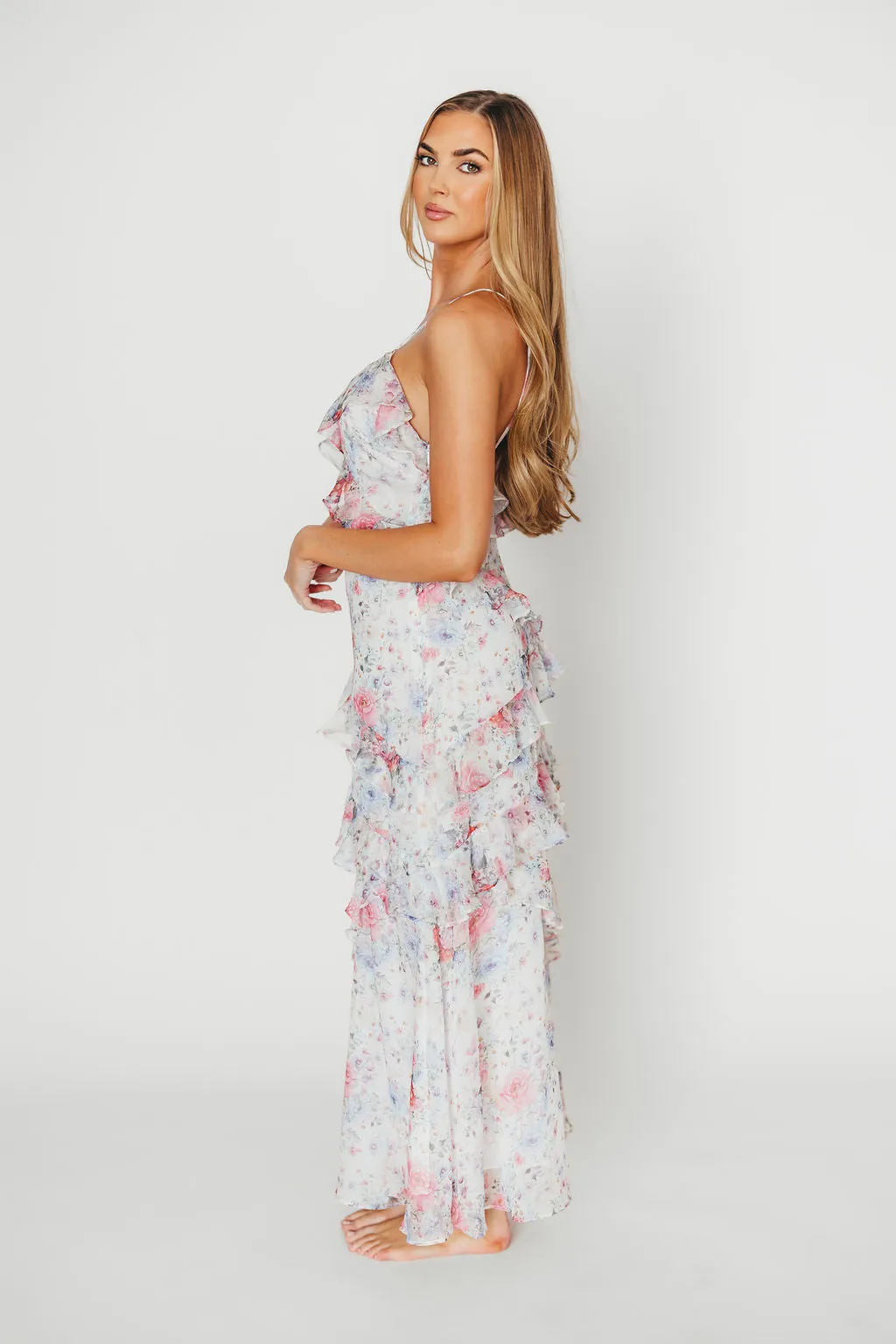 Amelia Ruffle Maxi Dress in White/Multi Floral sold by Worth Collective product image thumbnail 4