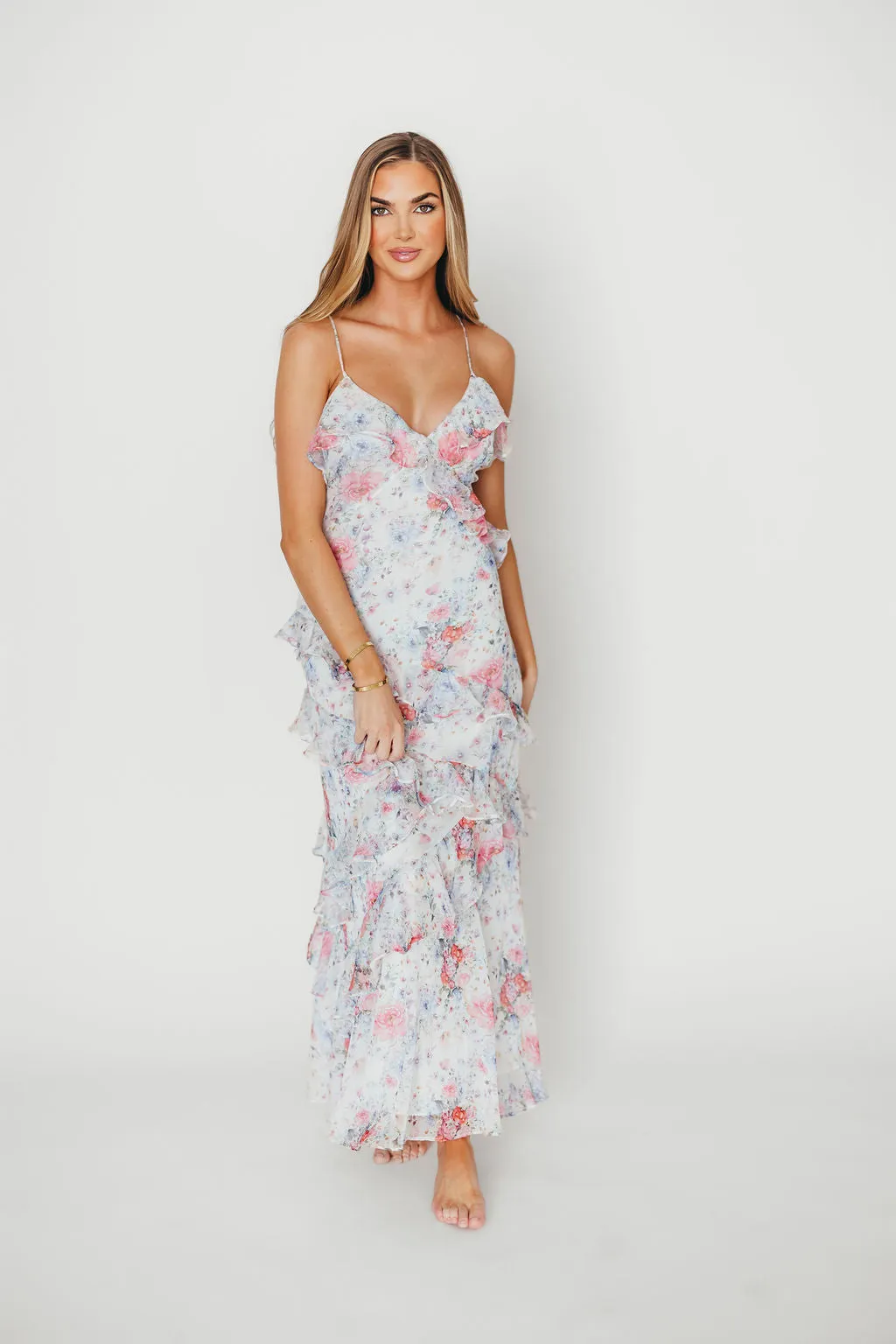 Amelia Ruffle Maxi Dress in White/Multi Floral sold by Worth Collective product image thumbnail 2