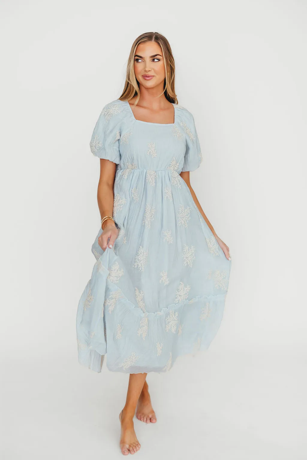 Hallie Embroidered Maxi Dress in Powder Blue - Bump Friendly & Inclusive Sizing (S-3XL) sold by Worth Collective product image thumbnail 3