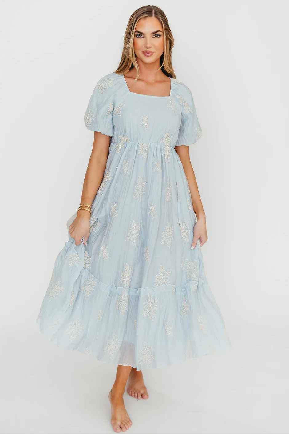 Hallie Embroidered Maxi Dress in Powder Blue - Bump Friendly & Inclusive Sizing (S-3XL) sold by Worth Collective