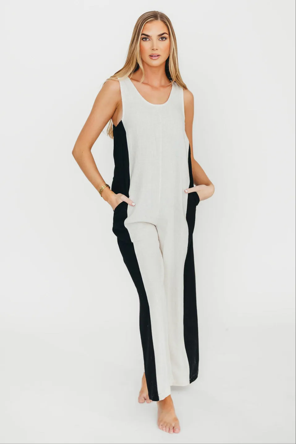 Chase Linen Contrast Side Jumpsuit in Natural/Black sold by Worth Collective