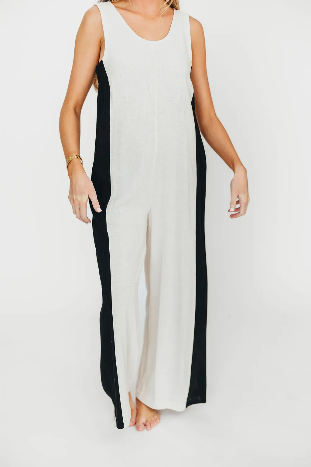Chase Linen Contrast Side Jumpsuit in Natural/Black sold by Worth Collective product image thumbnail 5