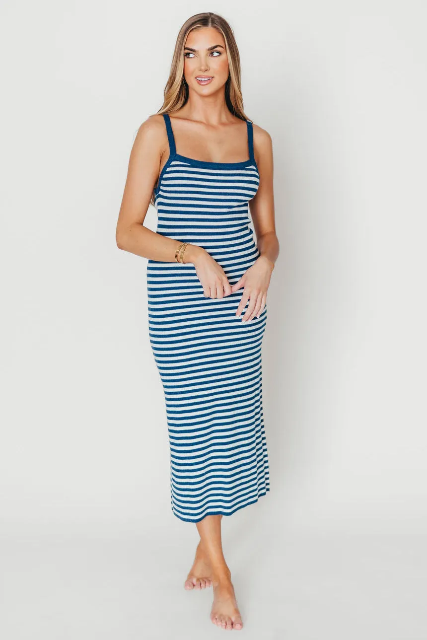 Rhode Striped Bodycon Midi Dress in Ivory/Navy sold by Worth Collective