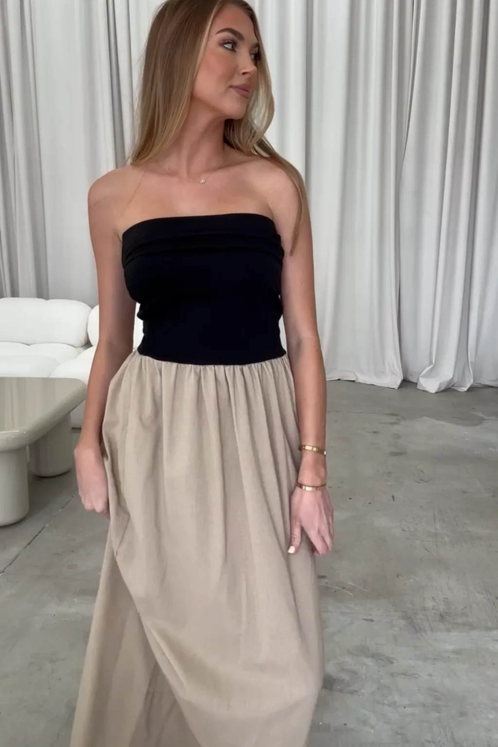 Kaylee Linen and Ribbed Knit Maxi Dress in Black/Tan sold by Worth Collective product image thumbnail 5