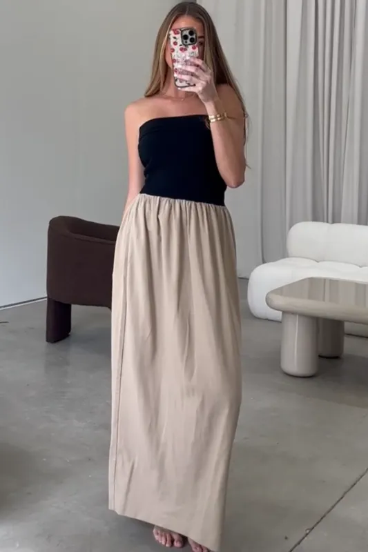 Kaylee Linen and Ribbed Knit Maxi Dress in Black/Tan sold by Worth Collective