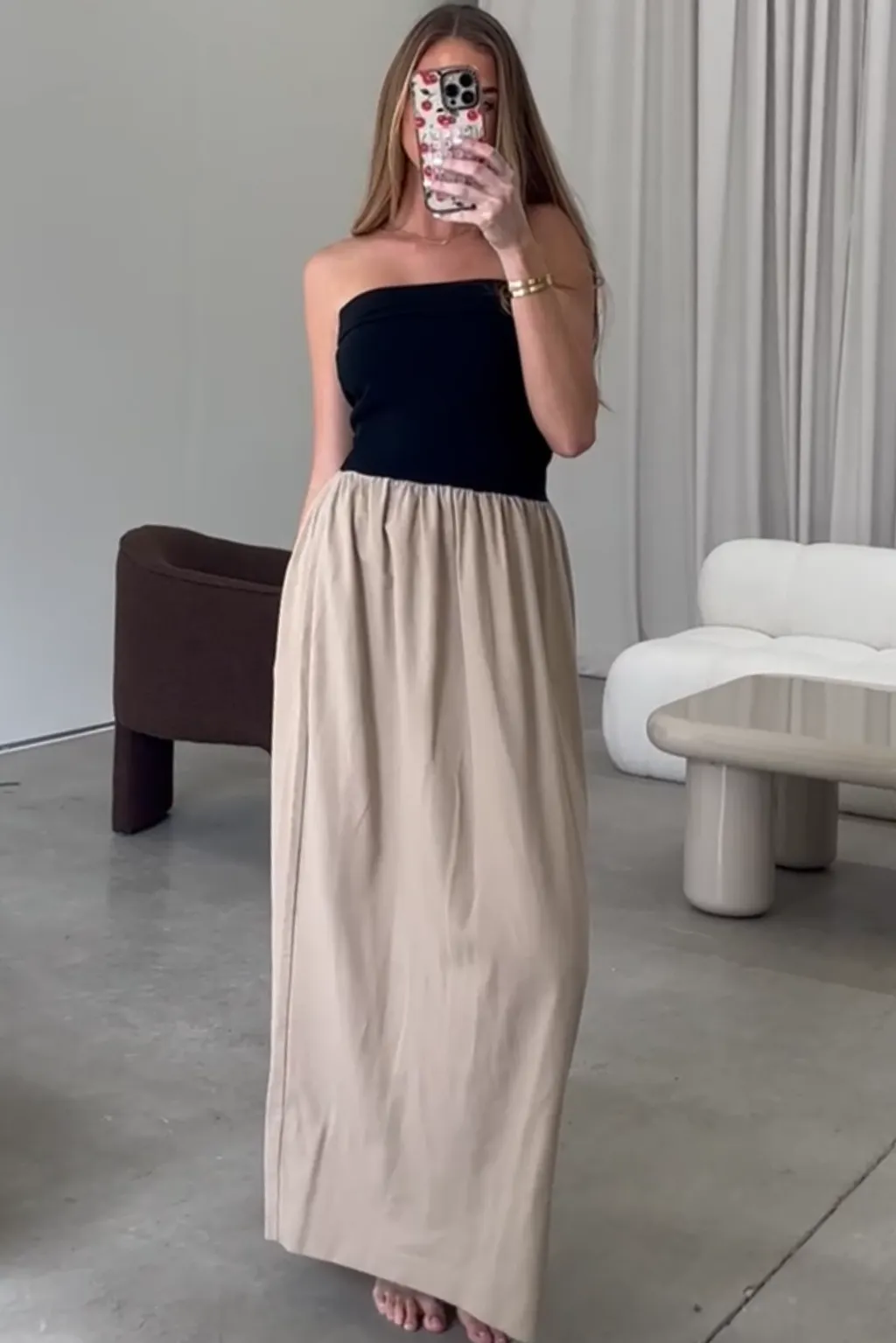 Kaylee Linen and Ribbed Knit Maxi Dress in Black/Tan sold by Worth Collective