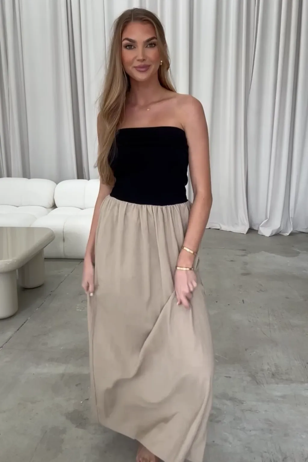 Kaylee Linen and Ribbed Knit Maxi Dress in Black/Tan sold by Worth Collective product image thumbnail 4