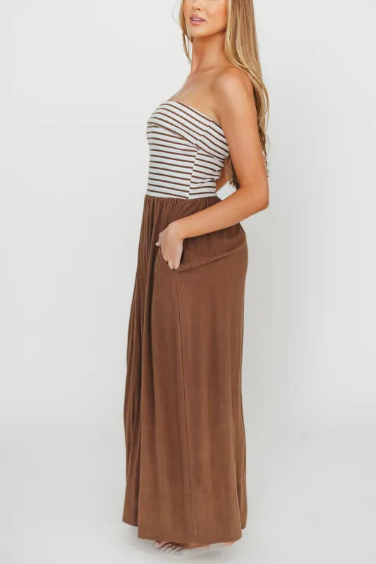 Annie Linen & Knit Maxi Dress in Mocha Stripe sold by Worth Collective