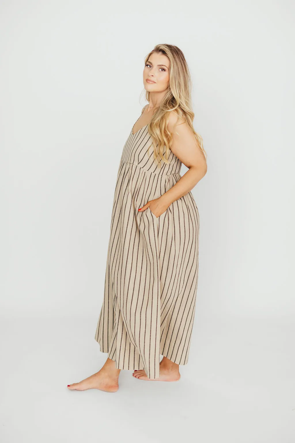 Carley Cotton & Linen Maxi Dress in Beige/Charcoal Stripe - Bump Friendly sold by Worth Collective product image thumbnail 4