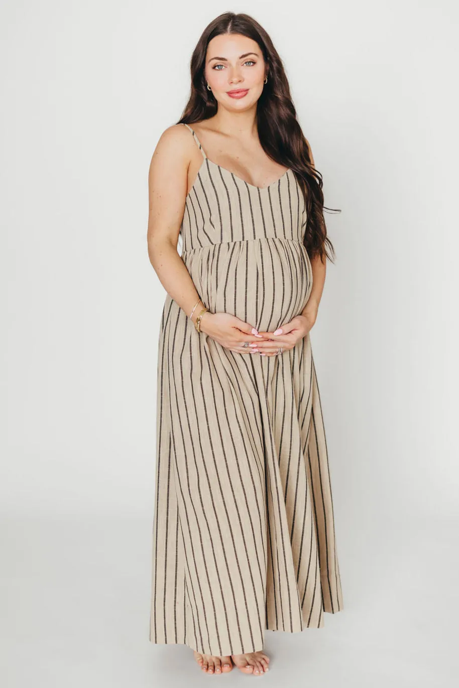 Carley Cotton & Linen Maxi Dress in Beige/Charcoal Stripe - Bump Friendly sold by Worth Collective product image thumbnail 5